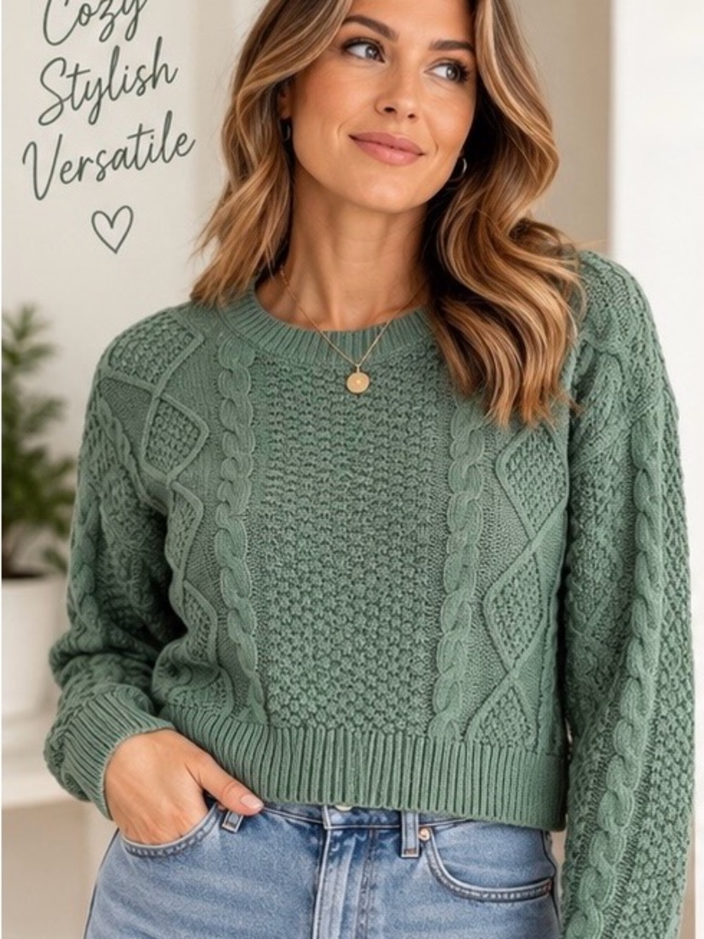 WILD FABEL CABLE KNIT SWEATER SAGE GREEN (XS)